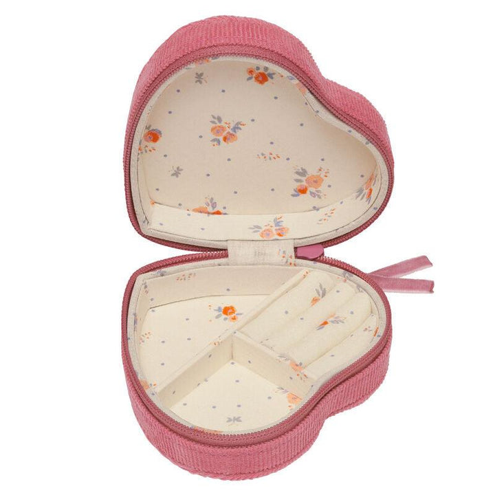 maanesten-heart-jewelry-box-pink Schmuckschatulle aus rosa Textil, offen mit Blumenfutter innen. Modell 4103-2