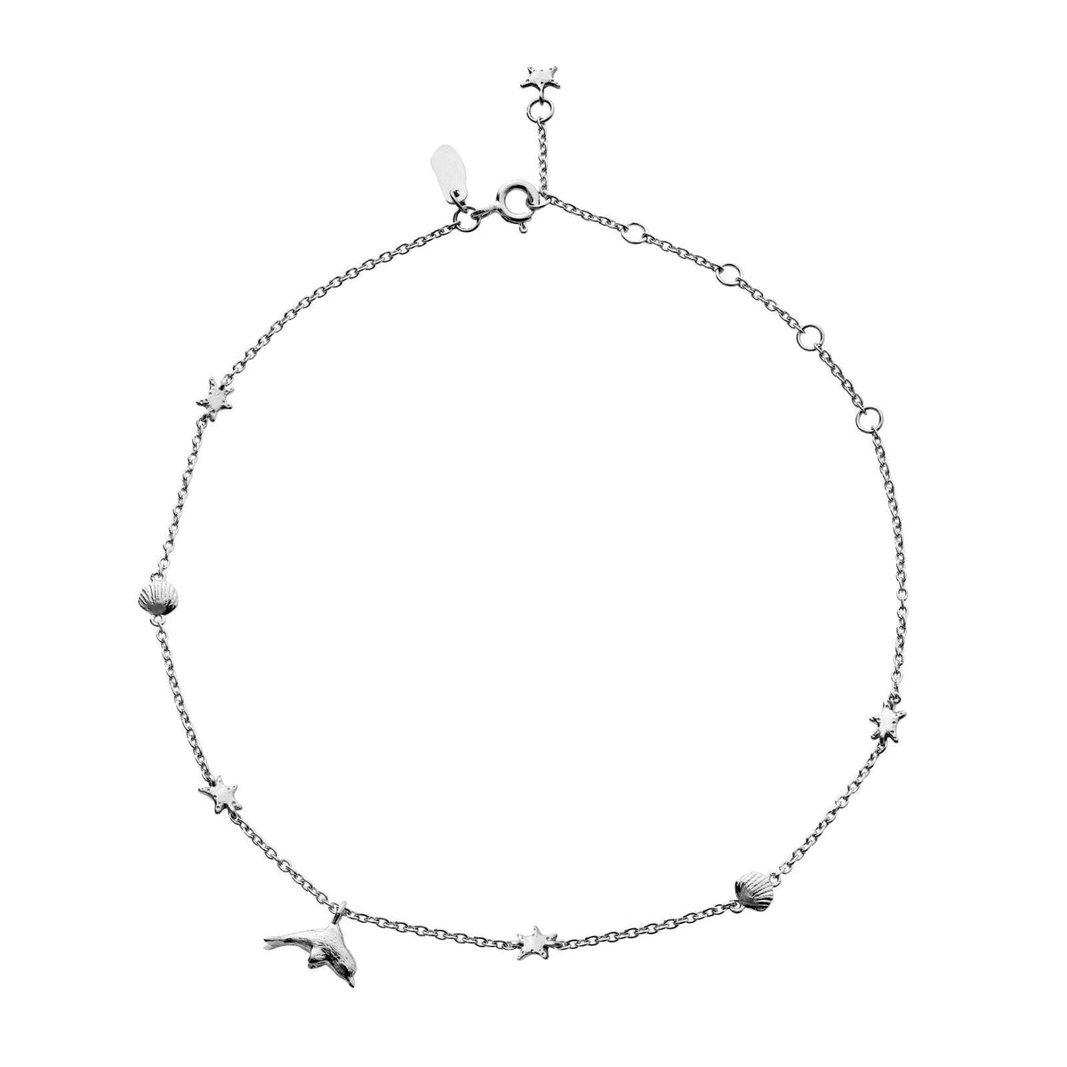 Mondstein-Lilo-Knöchelkette aus Silber mit feinen Meeresmotiven und kleinen Anhängern, Modell 8627c-1