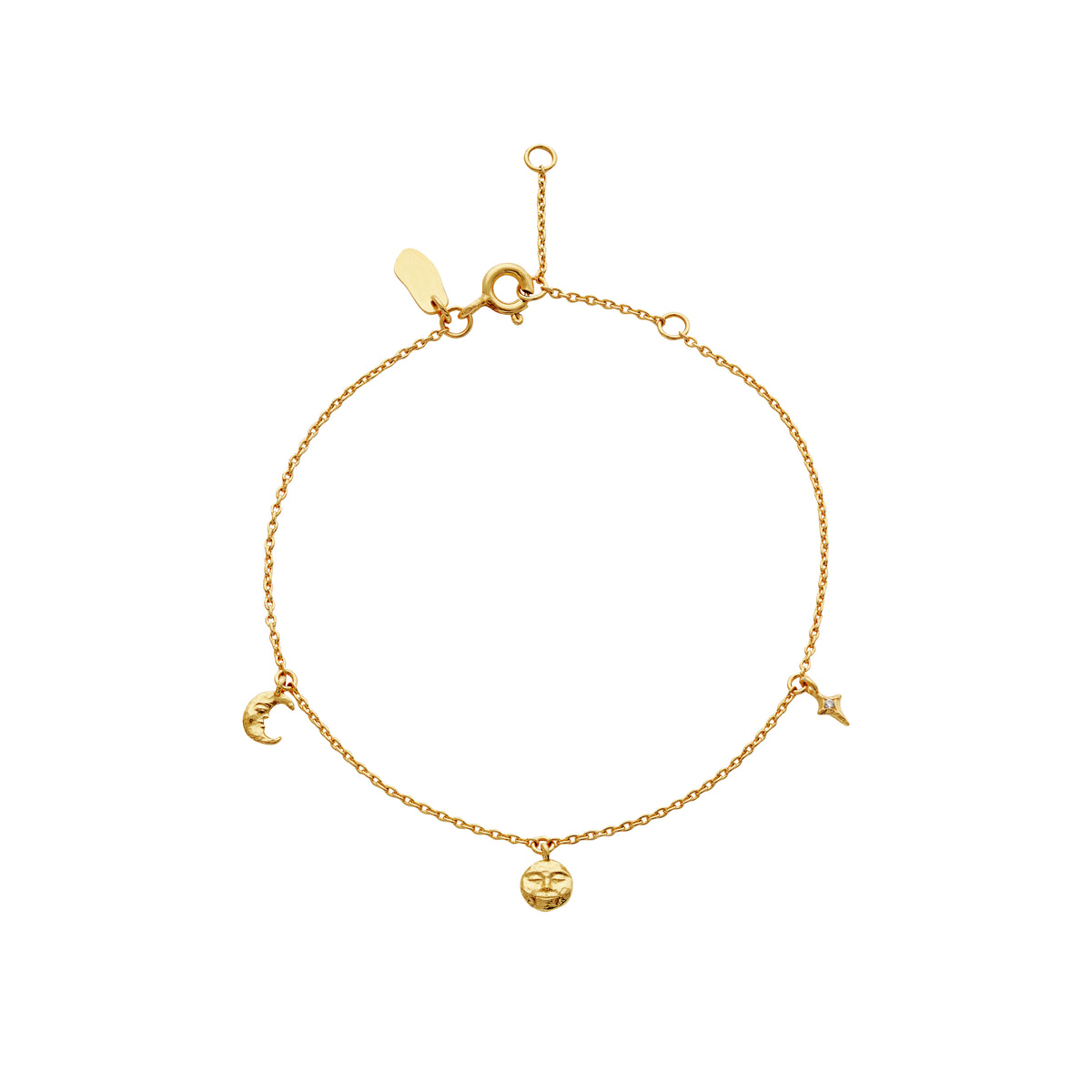 Vergoldetes Mondstein-Lysander-Armband mit Mond-, Sonnen- und Sternanhängern aus goldenem Metall. Modell 8691a