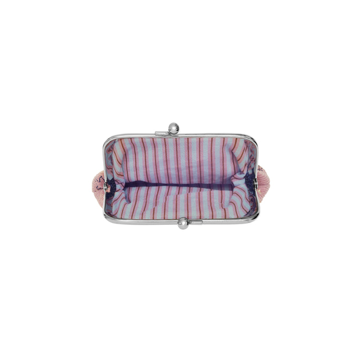 Maanesten Magic Small Pouch Magical Purple mit gestreiftem Innenfutter und silbernem Metallrahmen, Draufsicht. Modell 4099-2