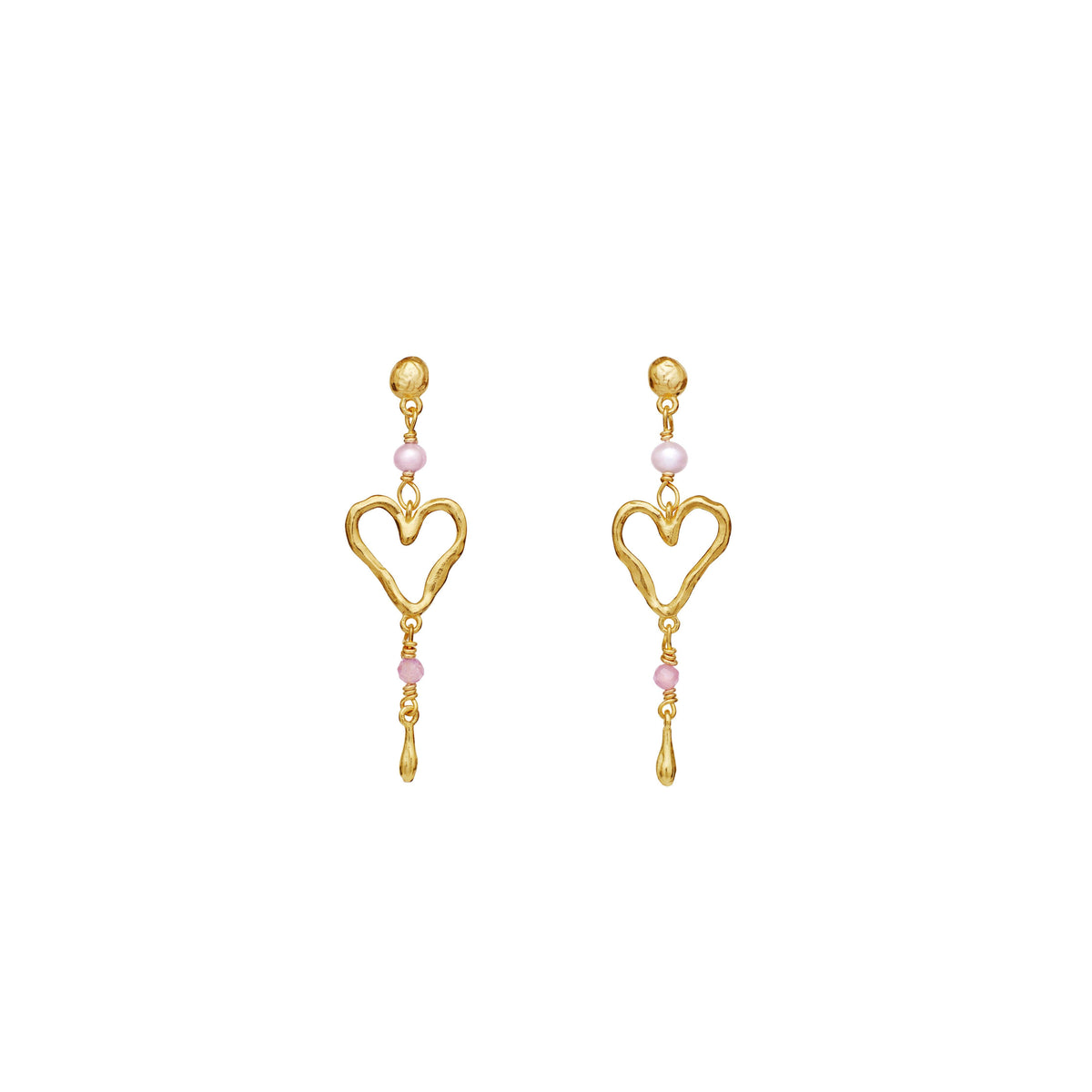 Mondstein Sabi vergoldete herzförmige Ohrringe mit rosa Perlen, Modell 9992a-1.