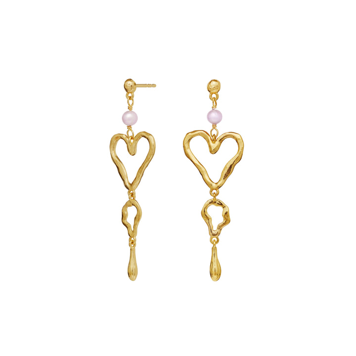 Vergoldete Mondstein-Sabrina-Ohrringe mit Herzmotiv, hängend mit Perlen und organischen Formen. Modell 9991a-2