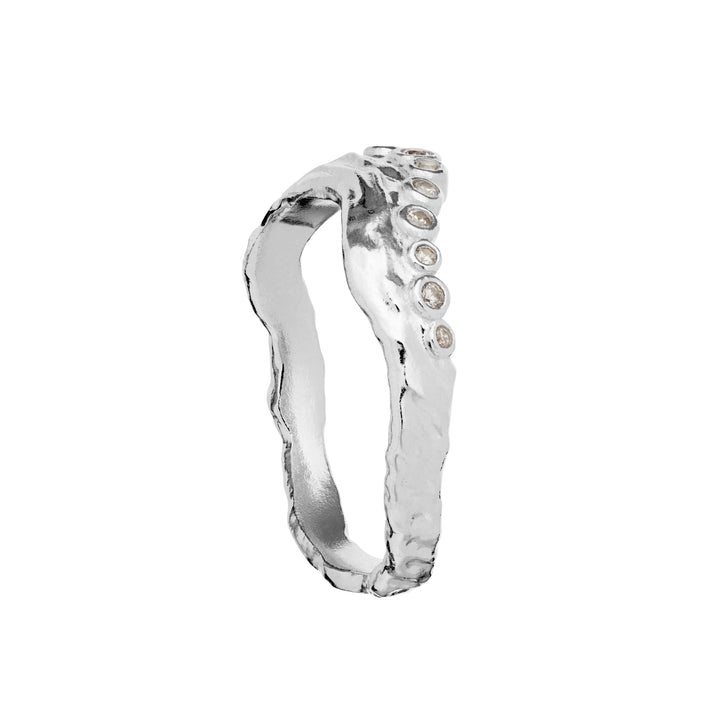 Mondstein-Selene-Silberring mit Zirkonia, organischer Oberfläche und kleinen klaren Steinen. Modell 4866c-001-2