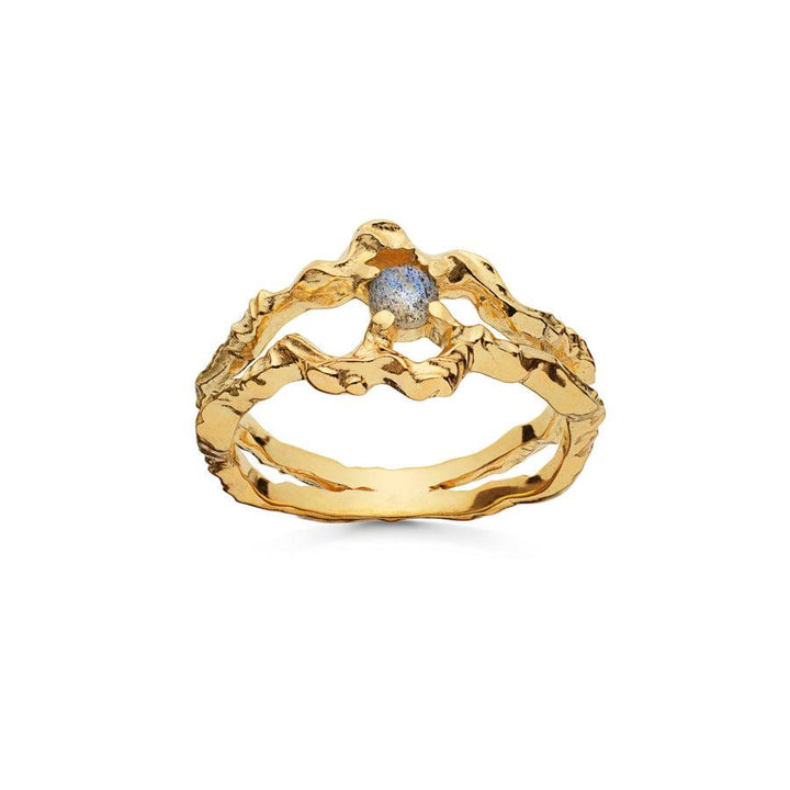Maanesten Shelly Ring aus 18 Karat vergoldetem Silber mit organischem Ausdruck und blauen Steinen. Modell 4738a-4738a-001