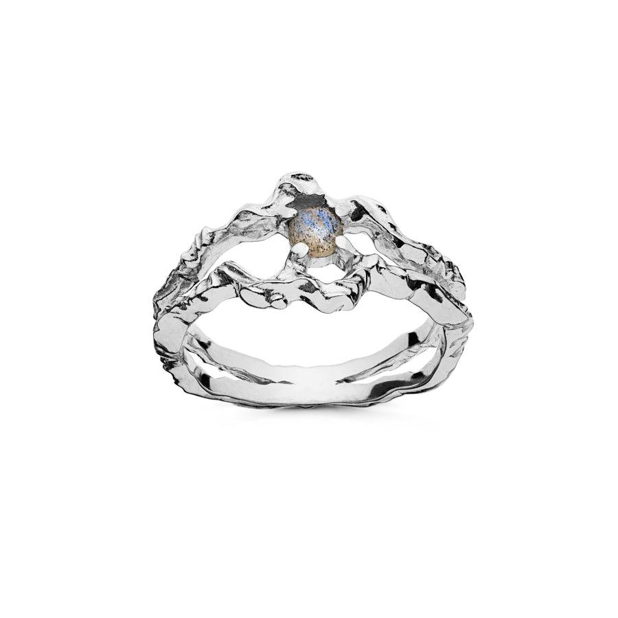 Mondstein-Shelly-Ring in Silber mit organischer Form und kleinem blauen Stein, Modell 4738c-4738c-001-1