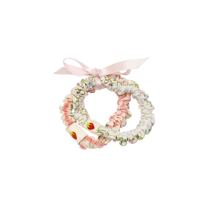 Maanesten Sommer-Haargummi-Set mit mehrfarbigen Streifen zeigt zwei florale Gummibänder mit rosa Schleife, Modell 4134-1