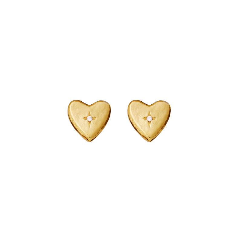 maanesten-tutu-earrings-gold-platted-heart-studs zeigt ein Paar goldfarbene Herzstecker mit klaren Steinen. Modell 9943a-1