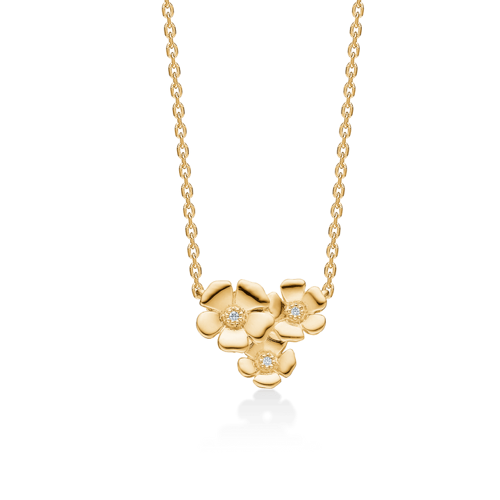 Mads Z 14-karätige Fleur-Halskette mit drei Blumen aus Gold und kleinen Diamanten, Modell 1521108-1.
