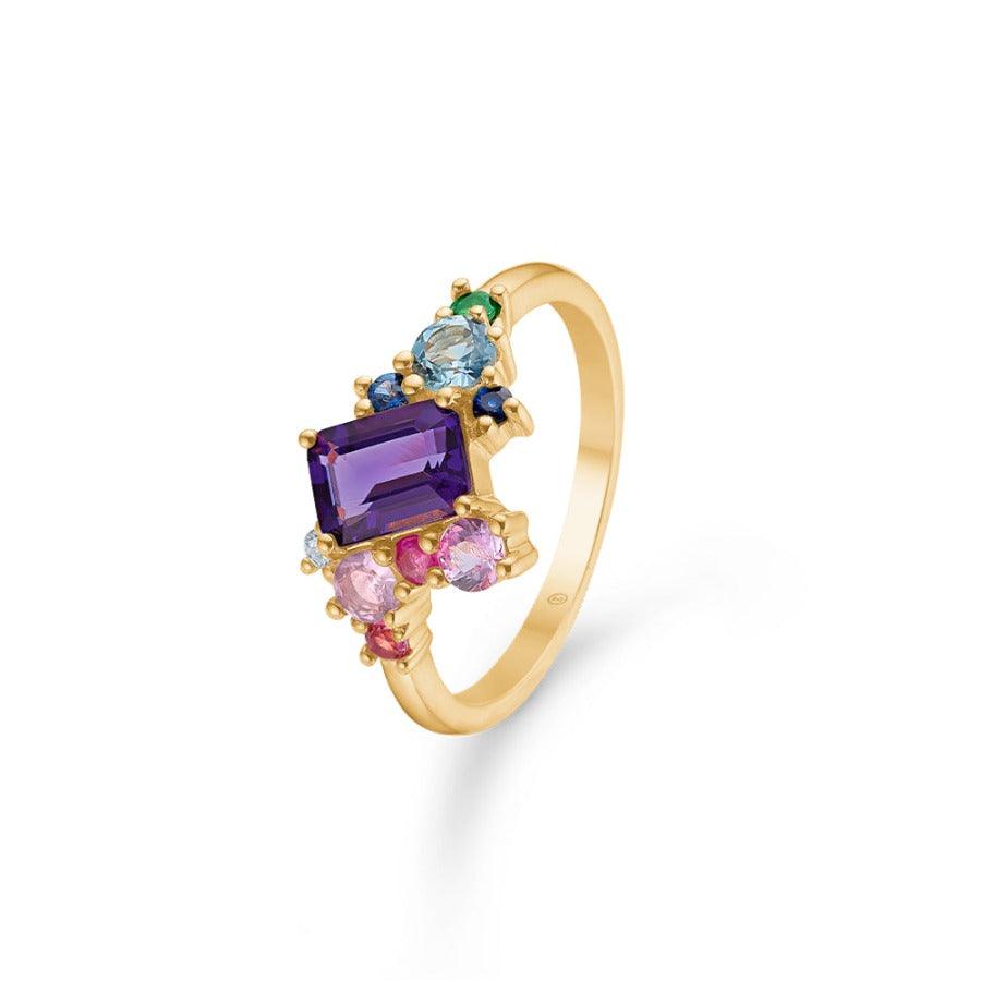 Mads Z 14kt Four Seasons Summer Ring mit farbigen Steinen auf leuchtendem Goldring, Modell 1546030-001-1.