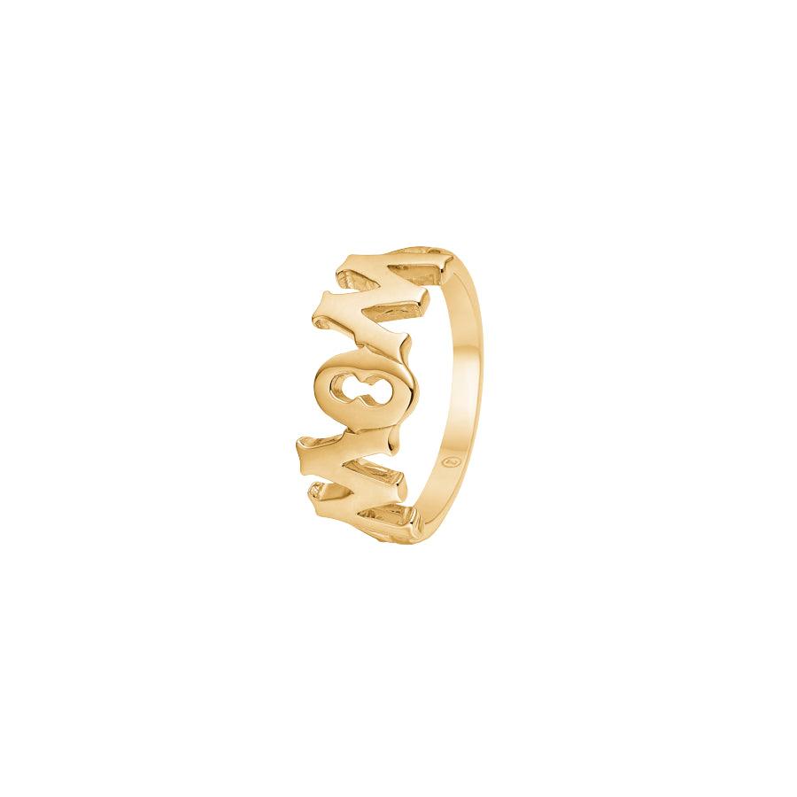 Der Mads Z 14kt MomWow Ring zeigt einen leuchtenden Goldring in elegantem Design mit dem Text MOMWOW. Modell 1540097-001-1.