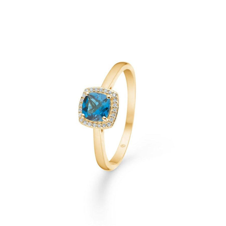 Mads Z 14kt Mona Lisa Ring 0,045ct W/SI zeigt eleganten Goldring mit blauen Steinen und kleinen Diamanten, Modell 1546008-001
