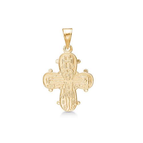 Mads Z 8kt Daymark Cross with Lord's Prayer zeigt einen detaillierten goldenen Kreuzanhänger mit Gravur. Modell 8330539.