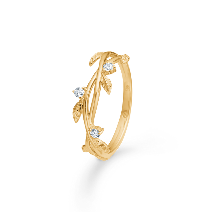 Mads Z Aura Ring aus 14-karätigem Gold mit drei Diamanten und Blattdetails, eleganter Stil. Modell 1541102-001