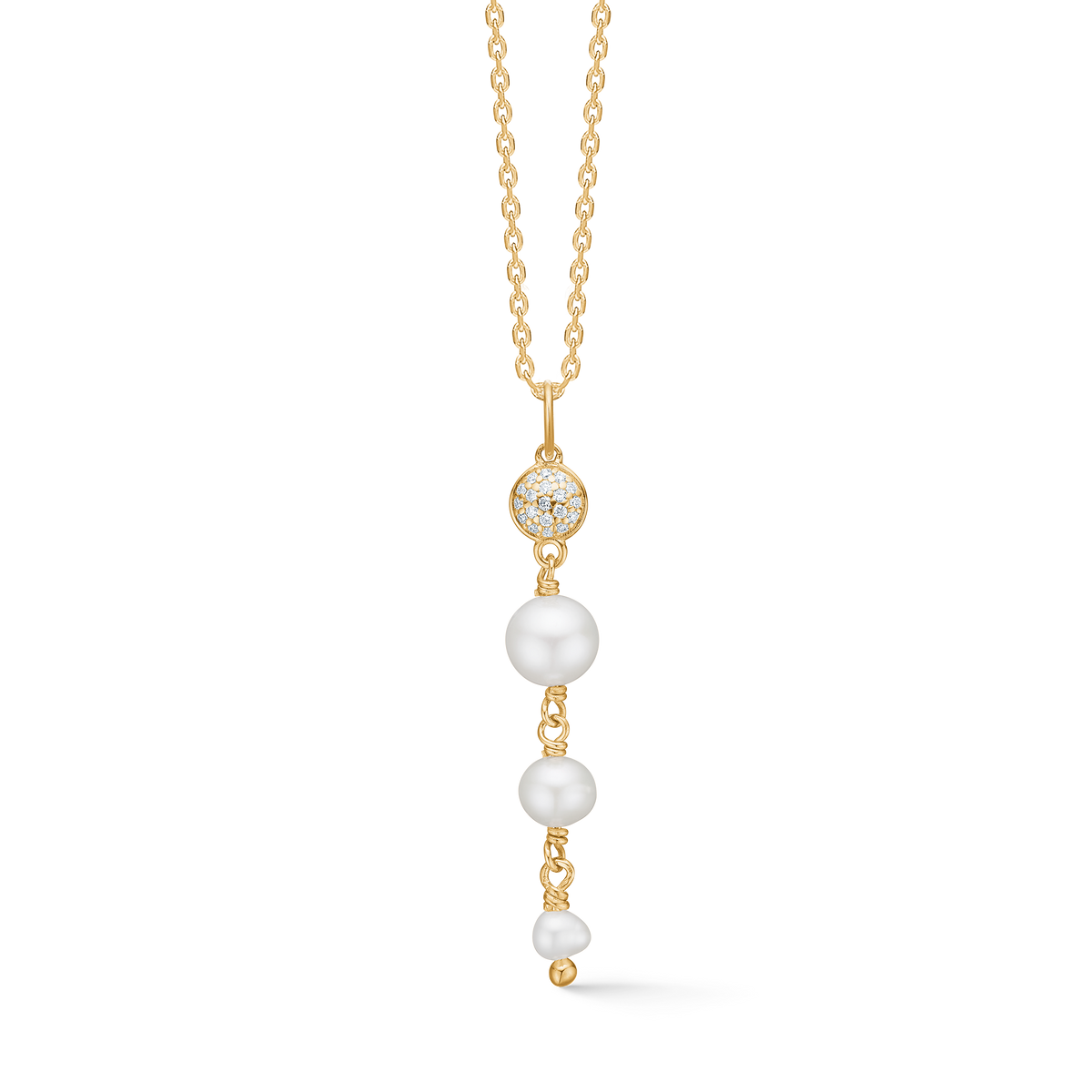 Mads Z Dome-Anhänger aus 14-karätigem Gold mit kleinen Diamanten und drei weißen Zuchtperlen. Modell 1533010-1