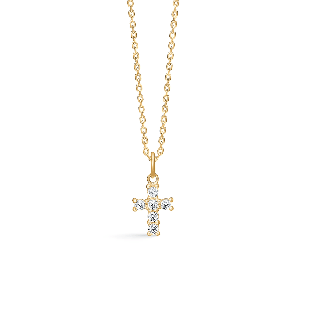 Mads Z Faith Kreuzanhänger aus 8-karätigem Gold mit Zirkonen, Kette mit klassischem Kreuz und klaren Steinen. Modell 3337134.