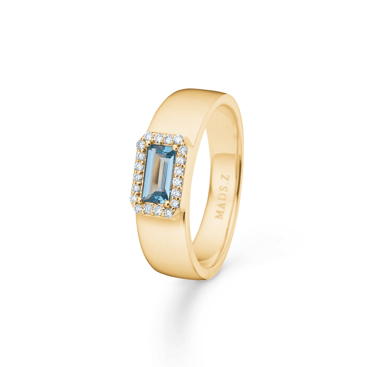 Mads Z Indigo-Ring aus 14-karätigem Gold mit rechteckigem hellblauem Topas und Diamanten, Modell 1546191-001-1.