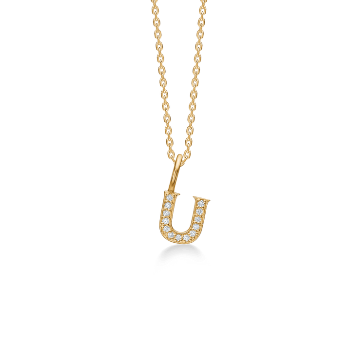 Mads Z Tender Love bogstavs 14kt guld vedhæng med diamanter, elegant U-formet vedhæng på kæde. Model 1531100-020-21