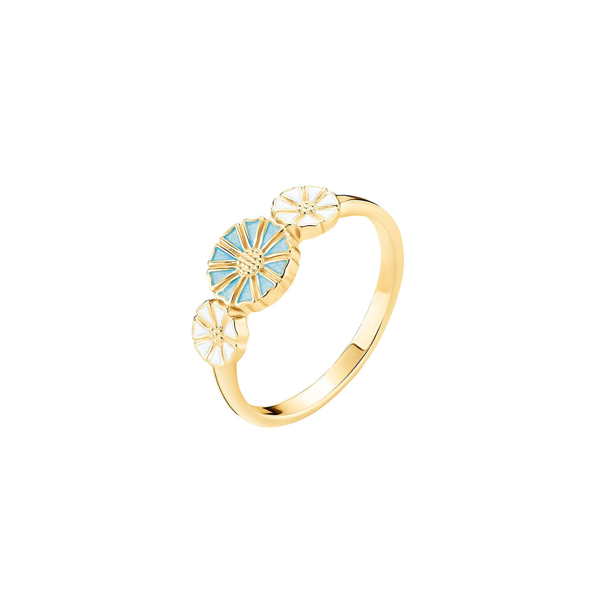 Gänseblümchen-Ring mit 3 Gänseblümchen in Hellblau und Weiß, eleganter Goldring mit drei Blumenmotiven. Modell 9075097-lb-001-1