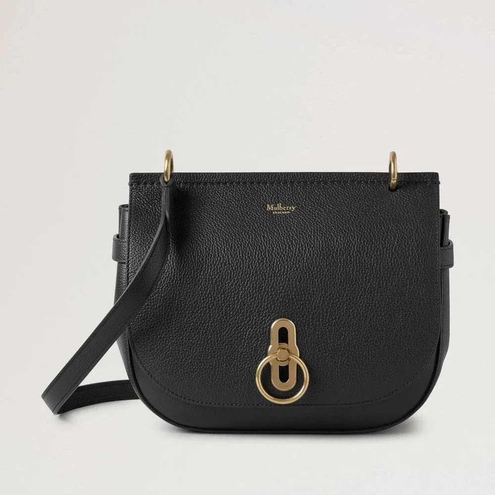 Mulberry Amberley Satchel Small Classic Grain Black, Umhängetasche aus schwarzem Leder mit goldfarbener Schnalle, Modell HH9799205A100