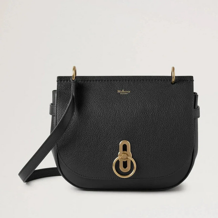 Mulberry Amberley Satchel Small Classic Grain Black, Umhängetasche aus schwarzem Leder mit goldfarbener Schnalle, Modell HH9799205A100