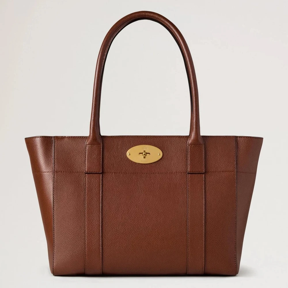 Mulberry Bayswater 9 bis 5 Kleine Tasche aus zweifarbigem Eichenholz mit klassischer Maserung und brauner Ledertasche mit goldener Schnalle, Modell HH9834552G110.