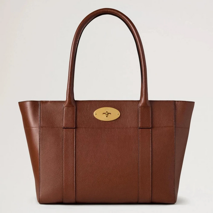 Mulberry Bayswater 9 bis 5 Kleine Tasche aus zweifarbigem Eichenholz mit klassischer Maserung und brauner Ledertasche mit goldener Schnalle, Modell HH9834552G110.
