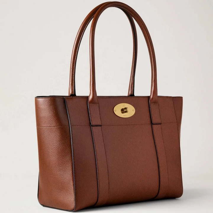 Mulberry Bayswater 9 bis 5 Kleine Umhängetasche aus zweifarbiger Eiche mit klassischer Maserung aus braunem Leder mit goldener Schnalle, Modell HH9834552G110.