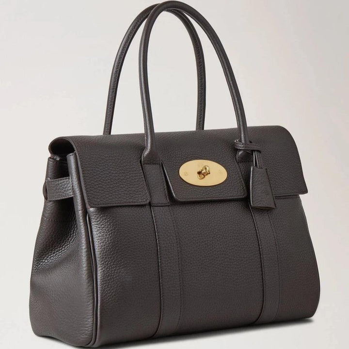 Mulberry Bayswater Heavy Grain Ebony-Tasche aus dunkelbraunem Leder mit zwei Griffen und goldener Schnalle. Modell HH6592736A110
