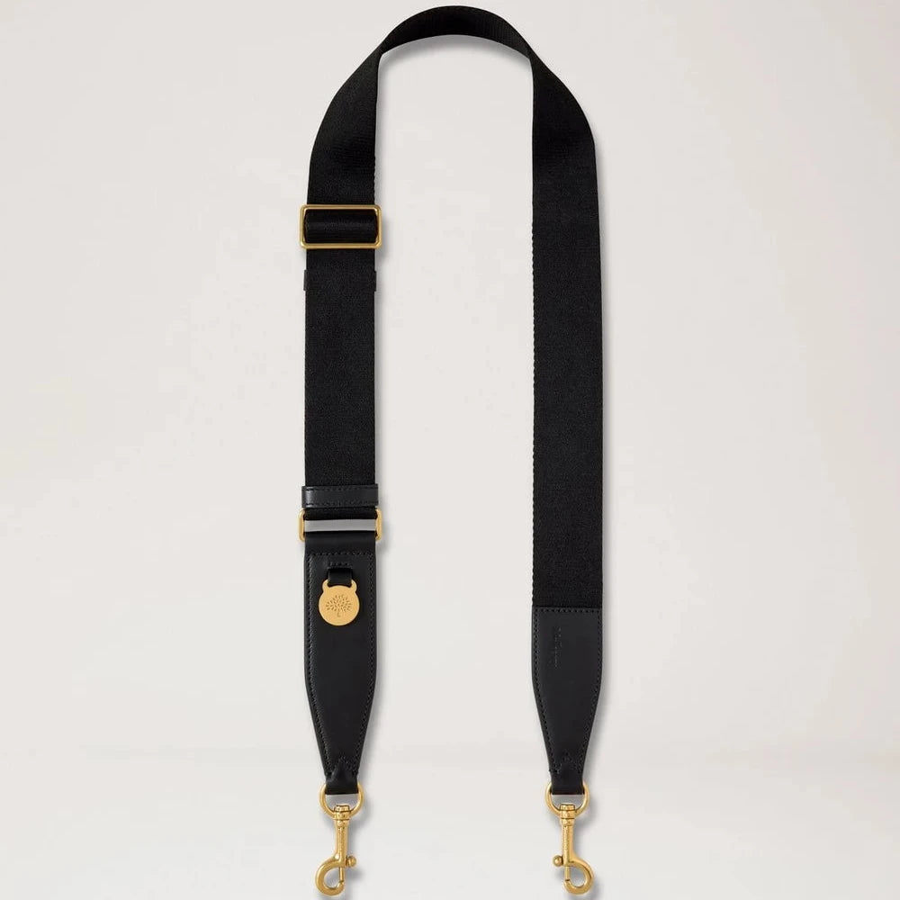 Mulberry Flaches schwarzes Medaillon-Leder- und Gurtband aus schwarzem Leder und Stoff mit goldfarbenen Details. Modell RX0310000A100