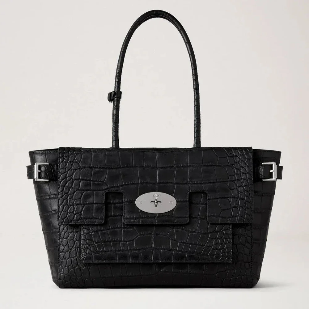 Mulberry Schnalle Bayswater NVT Krokofarbene, schwarze Umhängetasche aus Leder mit Krokodilprägung und silberner Schnalle. Modell HH9957741A100