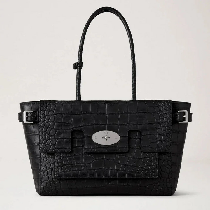 Mulberry Schnalle Bayswater NVT Krokofarbene, schwarze Umhängetasche aus Leder mit Krokodilprägung und silberner Schnalle. Modell HH9957741A100