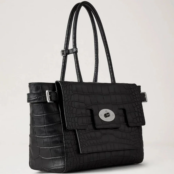Mulberry Schnalle Bayswater NVT Das Krokodil wird in schwarzem geprägtem Leder mit einer silbernen Schnalle dargestellt. Modell HH9957741A100.