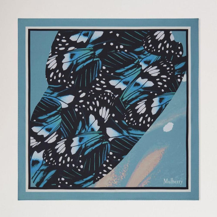 Mulberry Quadratischer Schal „Schmetterlingsflügel“ mit blauen und schwarzen Schmetterlingsflügeln, Seidenoptik, Modell VS4832090T625
