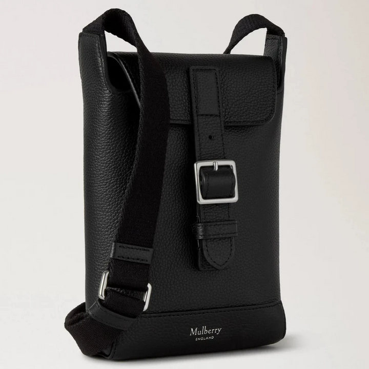 Mulberry Chiltern Handytasche, schwarz, klein, klassische Narbung, mit verstellbarem Riemen und silberner Schnalle, Modell RL8846205A100.