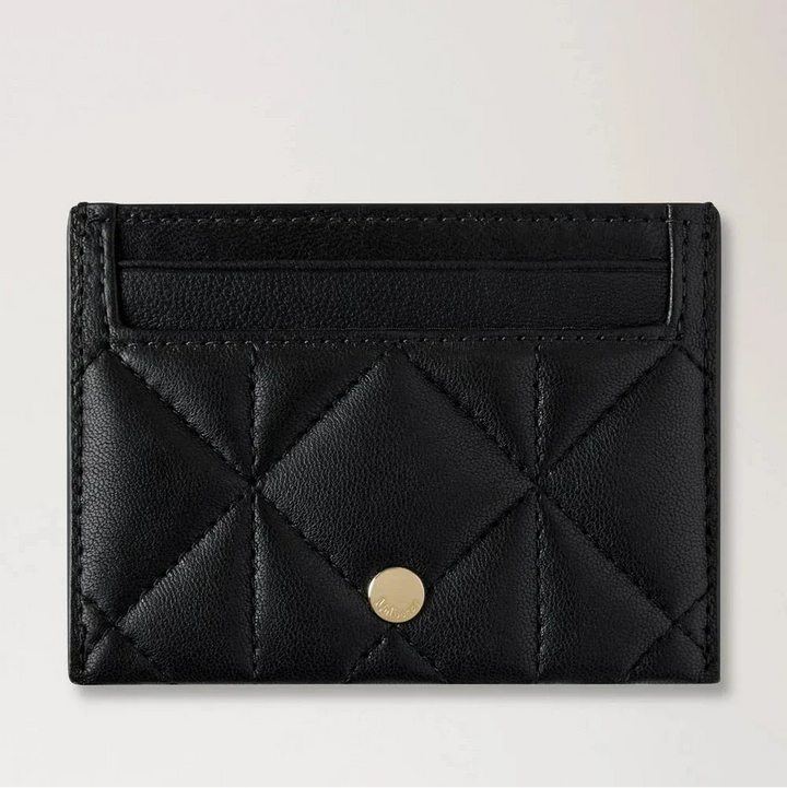 Mulberry Kreditkarten-Slip Black Quilting aus schwarzem gestepptem Leder mit goldenen Details. Modell RL8898676A100