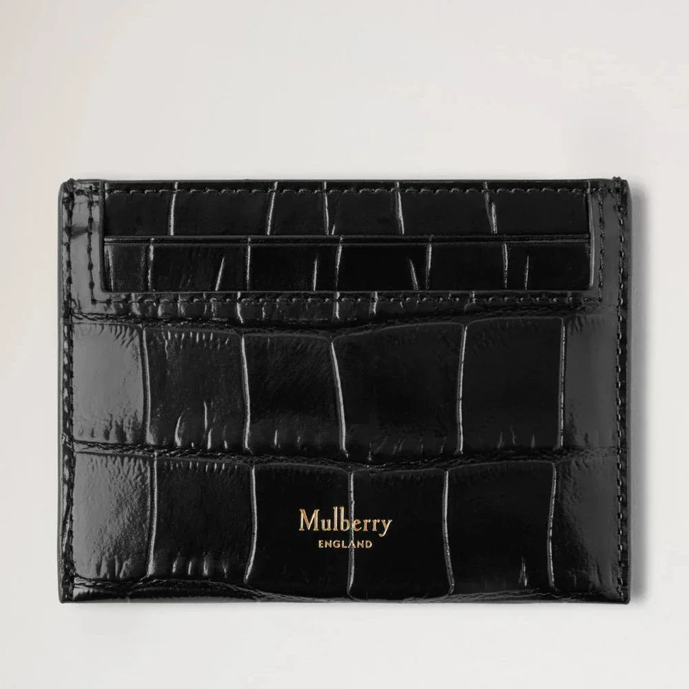 Mulberry Kreditkartenetui in schwarzem, glänzendem, kleinem Krokodilmuster mit Vorderseite aus schwarzem, glänzendem Leder mit Krokodilstruktur. Modell RL8748641A100.