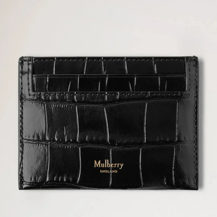 Mulberry Kreditkartenetui in schwarzem, glänzendem, kleinem Krokodilmuster mit Vorderseite aus schwarzem, glänzendem Leder mit Krokodilstruktur. Modell RL8748641A100.