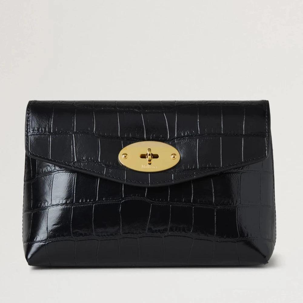 Mulberry Darley Kosmetiktasche in schwarzem, glänzendem, kleinem Krokodilleder mit Krokodilprägung und goldener Schnalle, Modell RL8187641A100