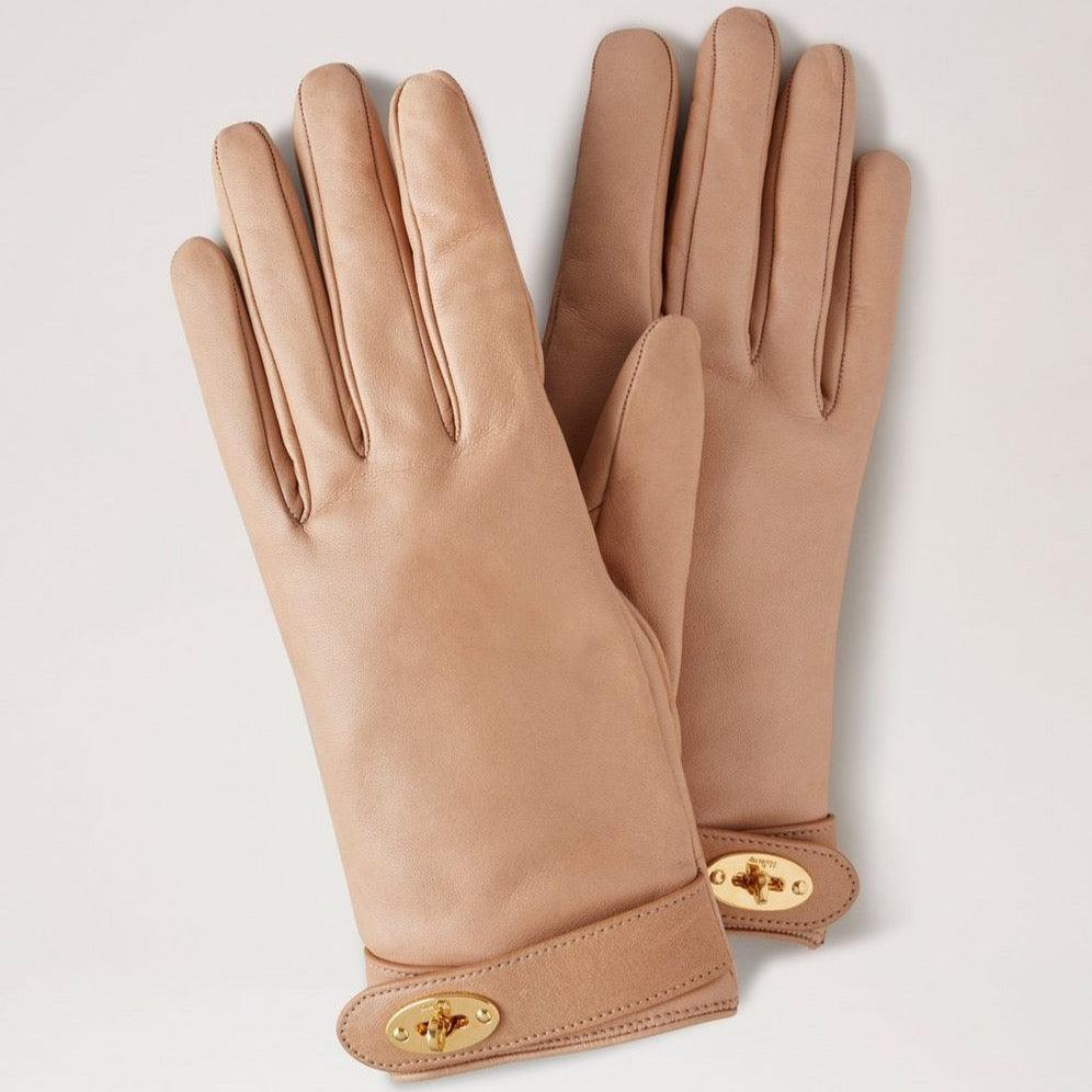Mulberry Darley Handschuhe aus hellbraunem Leder mit goldenen Details am Handgelenk, eleganter Damenhandschuh. Modell VG4105243E631-001