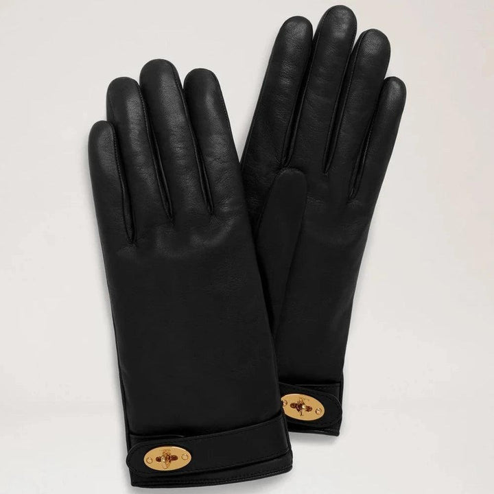 Mulberry Darley Handschuhe Nappaleder Schwarz, elegante schwarze Lederhandschuhe mit goldenen Details. Modell VG4150286A100-001