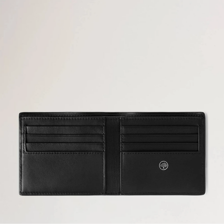 Mulberry Farringdon Card Wallet Schwarze Herrenbrieftasche zeigt offenes schwarzes Lederportemonnaie mit Kartenfächern. Modell RL8277645A100