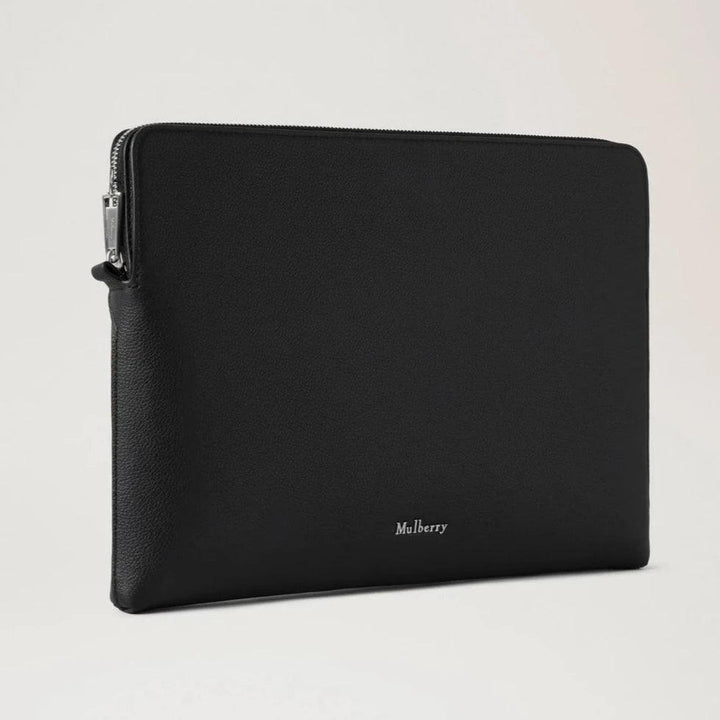 Mulberry Farringdon Tech Folio Small Pebble Grain aus schwarzem Leder mit silbernem Reißverschluss. Modell RL8272645A100