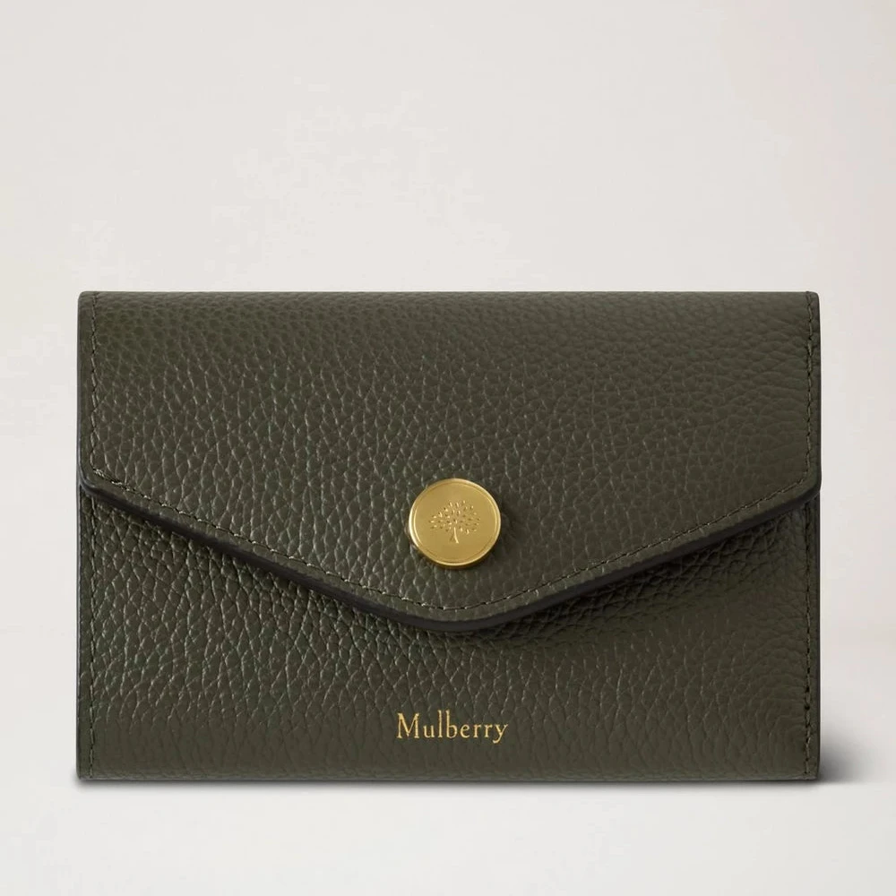 Mulberry Gefaltetes Multi-Card-Portemonnaie, klassisches kleines grünes Portemonnaie aus geprägtem Leder mit goldenen Details. Modell RL6447205Q749