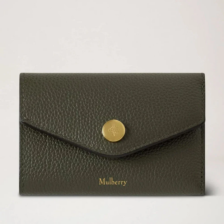 Mulberry Gefaltetes Multi-Card-Portemonnaie, klassisches kleines grünes Portemonnaie aus geprägtem Leder mit goldenen Details. Modell RL6447205Q749