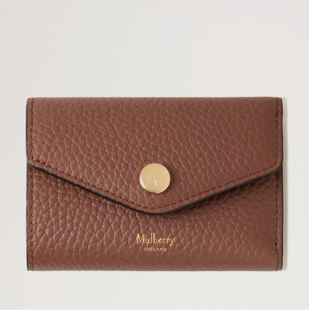 Mulberry Gefaltetes Multicard-Portemonnaie Bright Oak aus geprägtem braunem Leder mit goldenem Knopfverschluss und Logo, Modell RL6660736G222