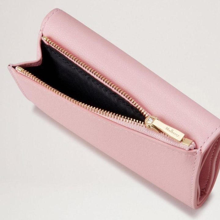 Mulberry Gefaltetes Multicard-Portemonnaie Micro Classic Grain Powder Rose aus rosafarbenem Leder mit goldenem Reißverschluss, Modell RL7841587J999