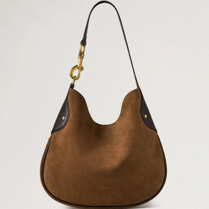 Mulberry Hackney Umhängetasche aus Vintage-Eichen-Wildleder mit abgerundeter Form, dunklen Details und goldener Hardware. Modell hh9956047g924