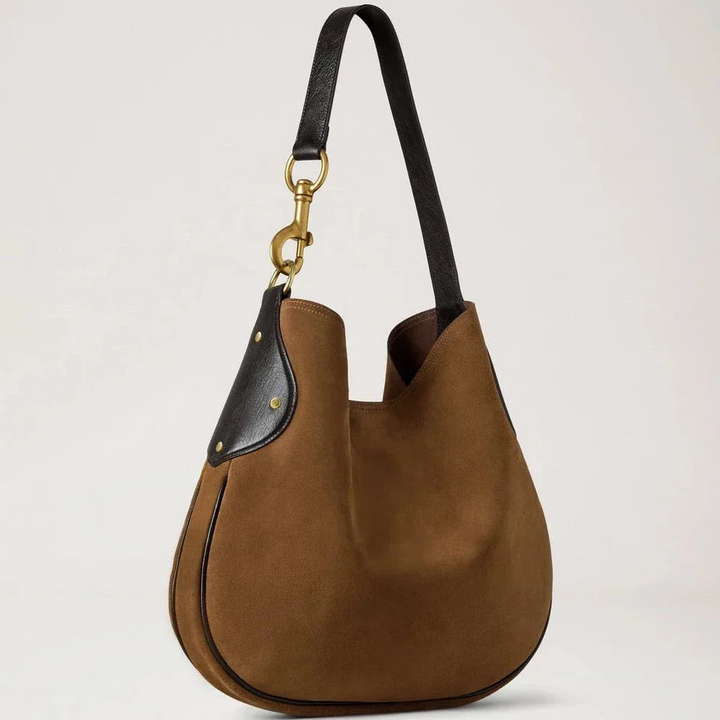 Mulberry Hackney Umhängetasche aus Vintage-Eichenwildleder mit schwarzem Schultergurt und Messingdetails. Modell HH9956047G924.