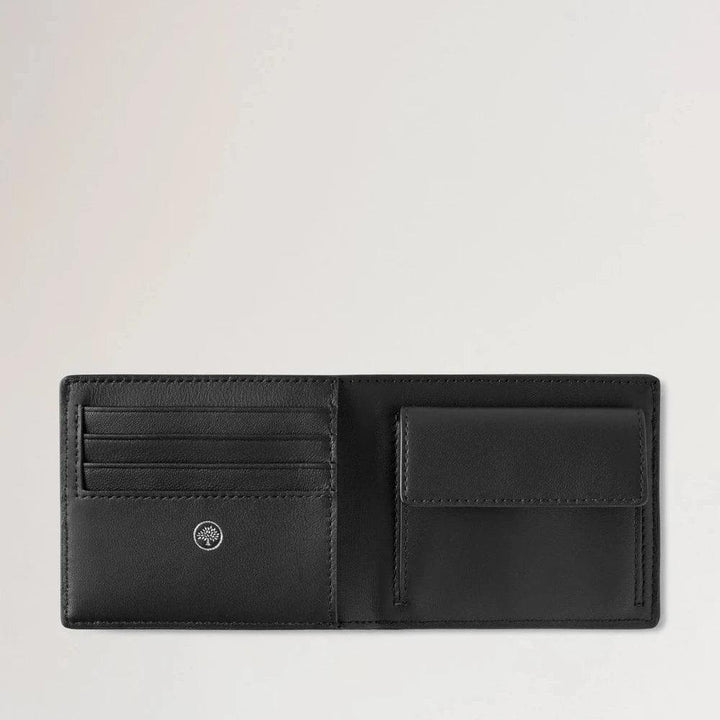 Mulberry Heritage Bifold Coin Wallet aus schwarzem Leder, offen mit Münzfach und Kartenfächern. Modell RL7883205A100