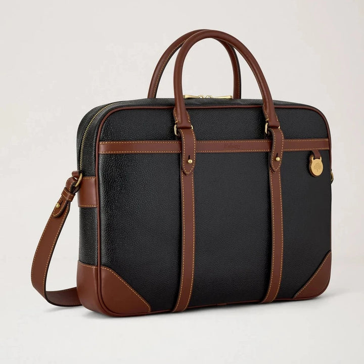 Mulberry Heritage-Aktentasche aus biobasiertem Scotchgrain in Schwarz und Cognac mit Griff und Riemen, Modell HB5130127A340.